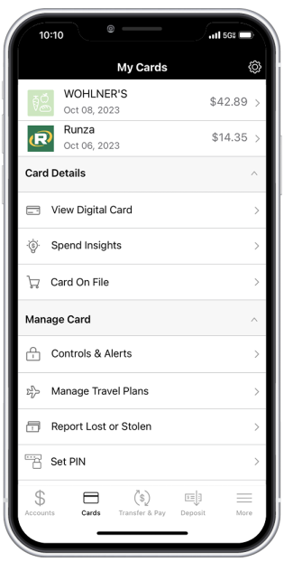 phone showing card preferences